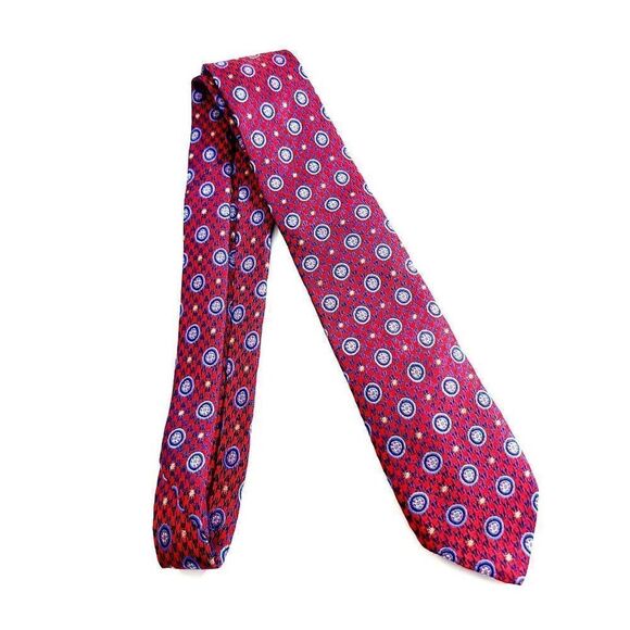 Joseph Abboud Red Herringbone Floral Geometric Blue Woven Short Skinny Silk Tie - Picture 7 of 7